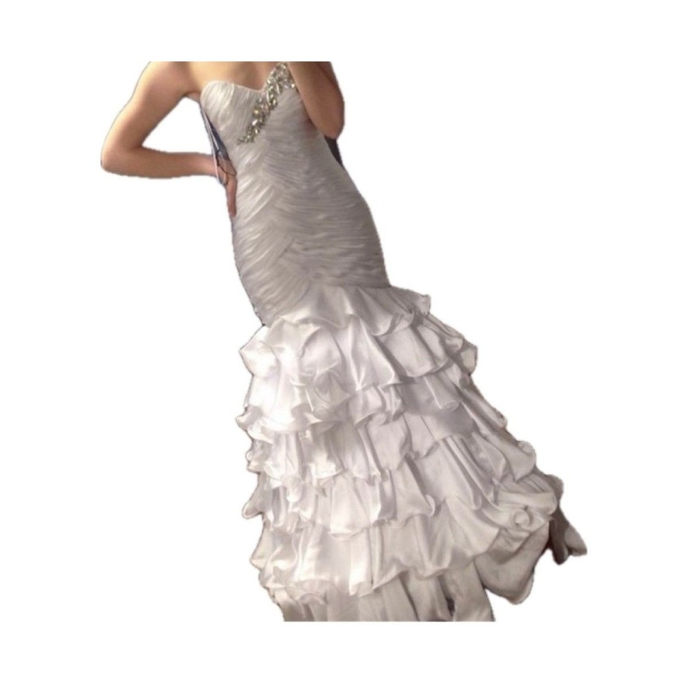 Mac Duggal Couture Dress Womens 18 White 4911H Ruffle Gown Strapless Beaded Prom